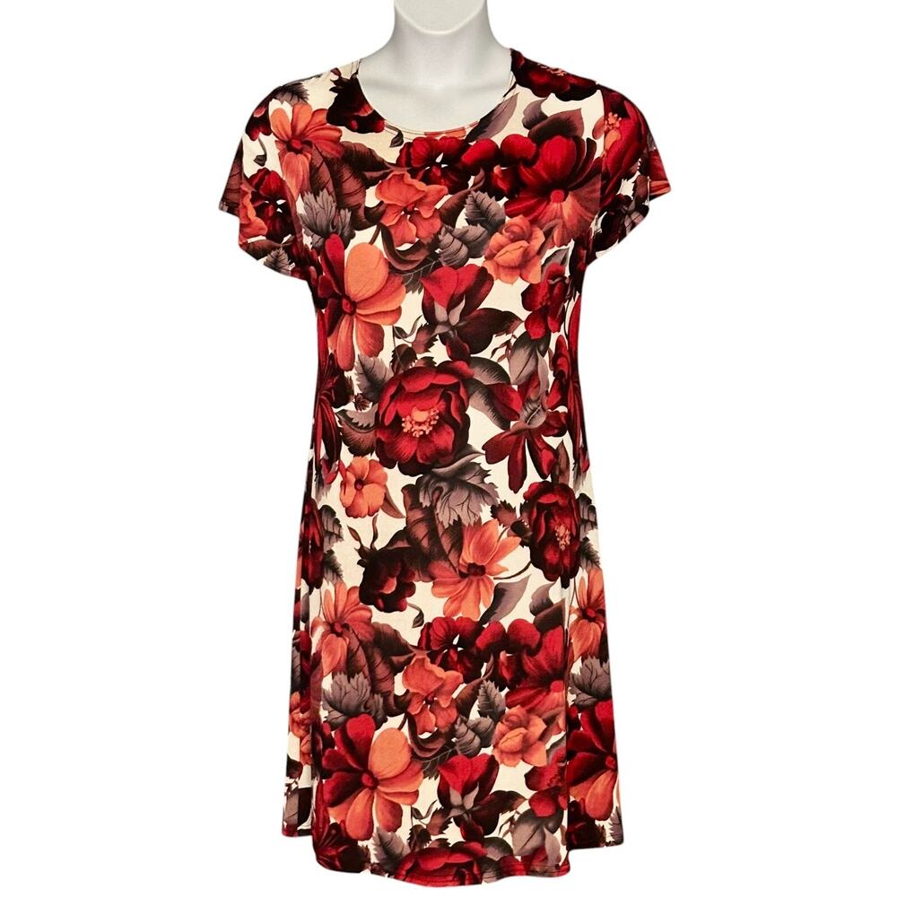 Vintage Rachel Rachel Midi Dress Size 1X Red Floral Short Sleeve Jersey Stretch